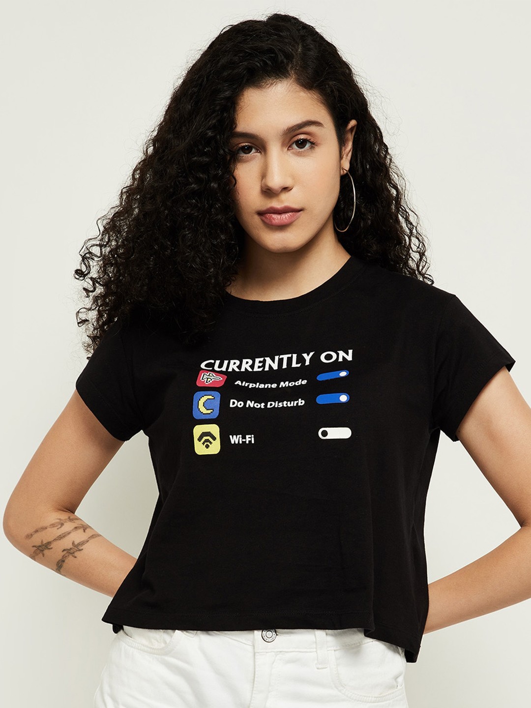 

max Women Black Typography Printed Pure Cotton T-shirt