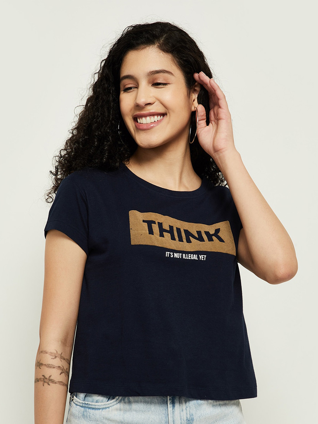 

max Women Navy Blue & Gold-Toned Typography Printed T-shirt