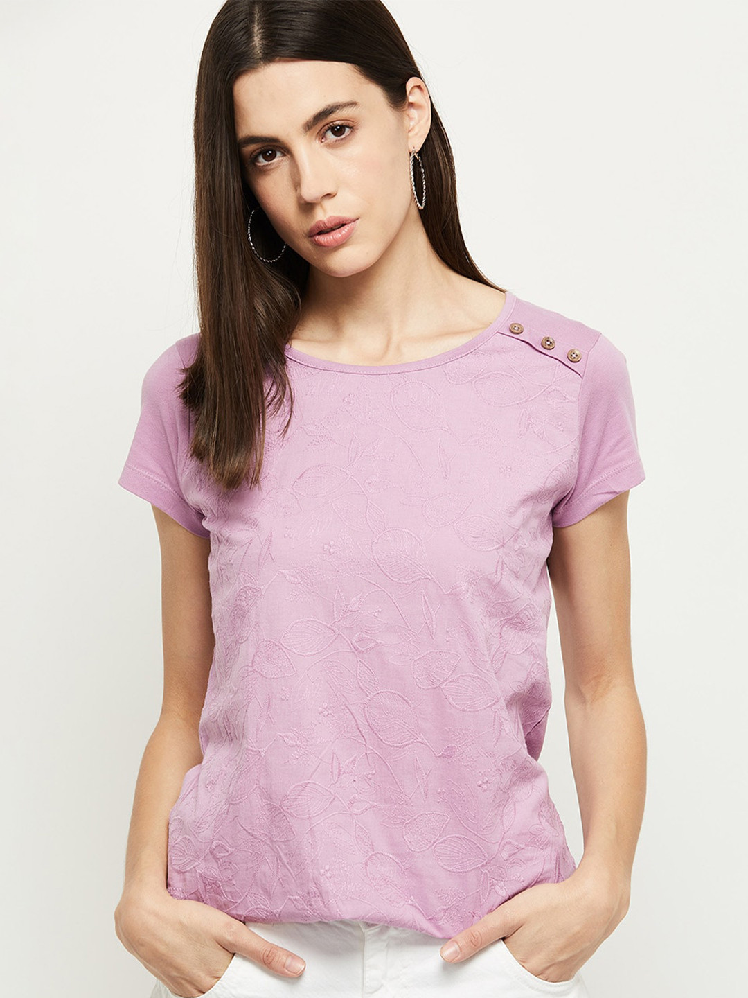

max Women Lavender Floral Cotton T-shirt