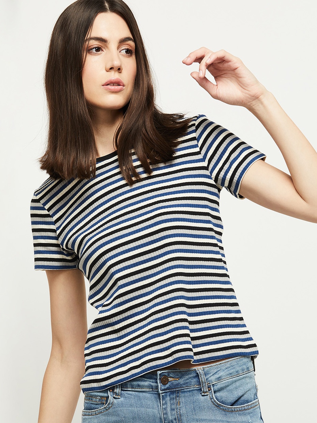 

max Women Navy Blue Striped T-shirt
