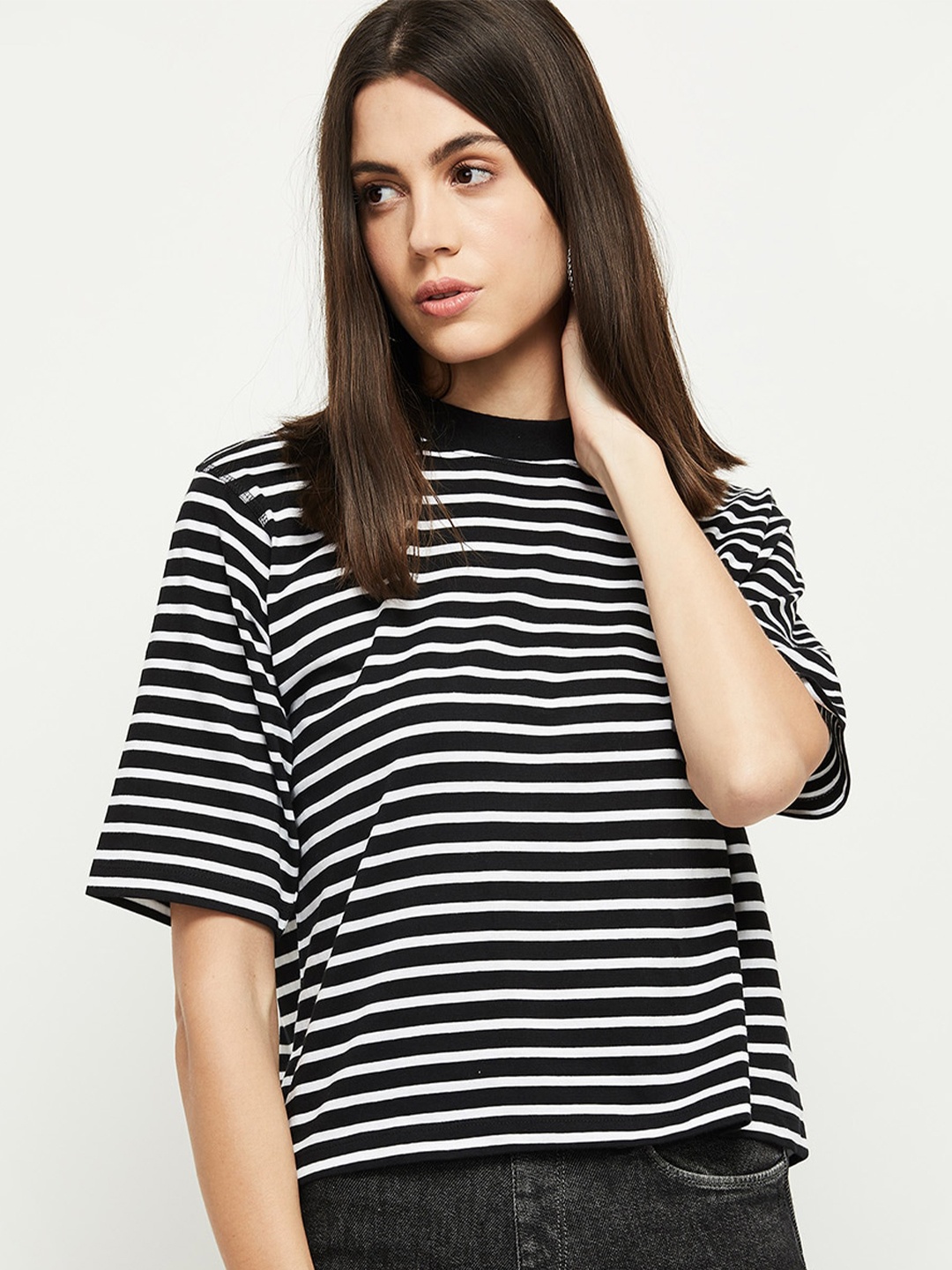

max Women Black Striped Monochrome Cotton T-shirt