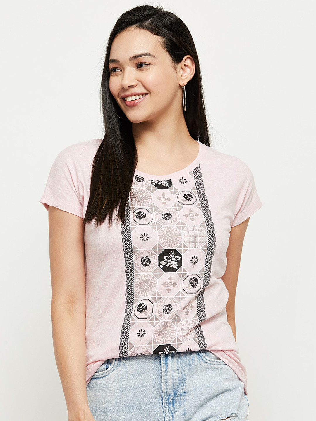 

max Women Pink & Black Printed Round Neck T-shirt