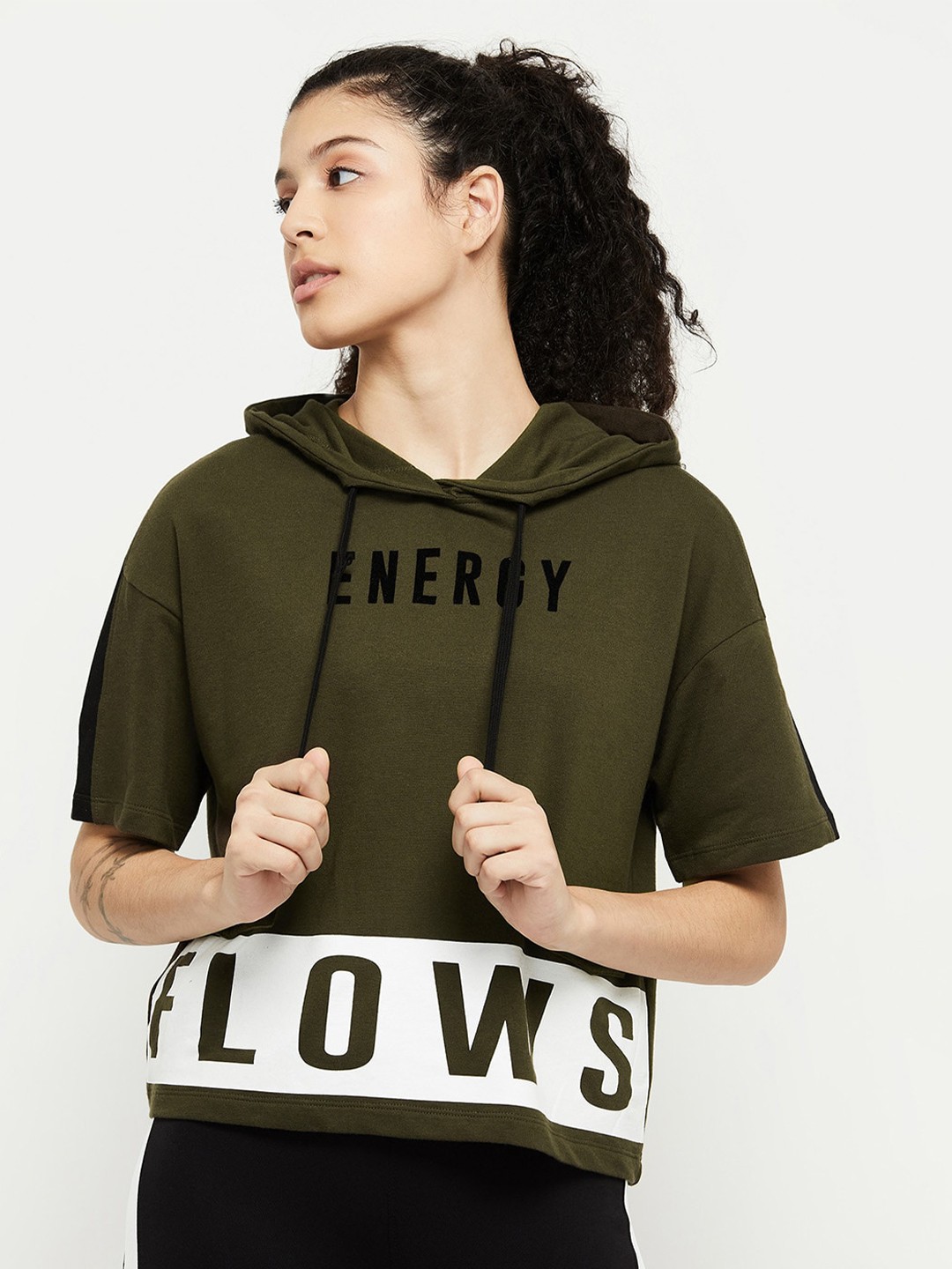 

max Women Olive Green & Black Typography Printed Hooded T-shirt