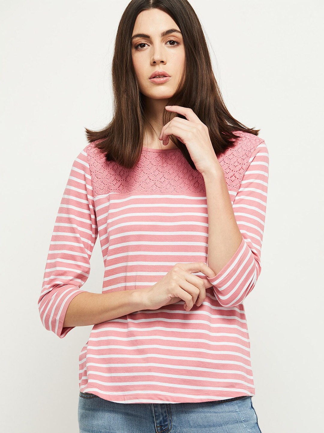 

max Women Pink & White Striped T-shirt