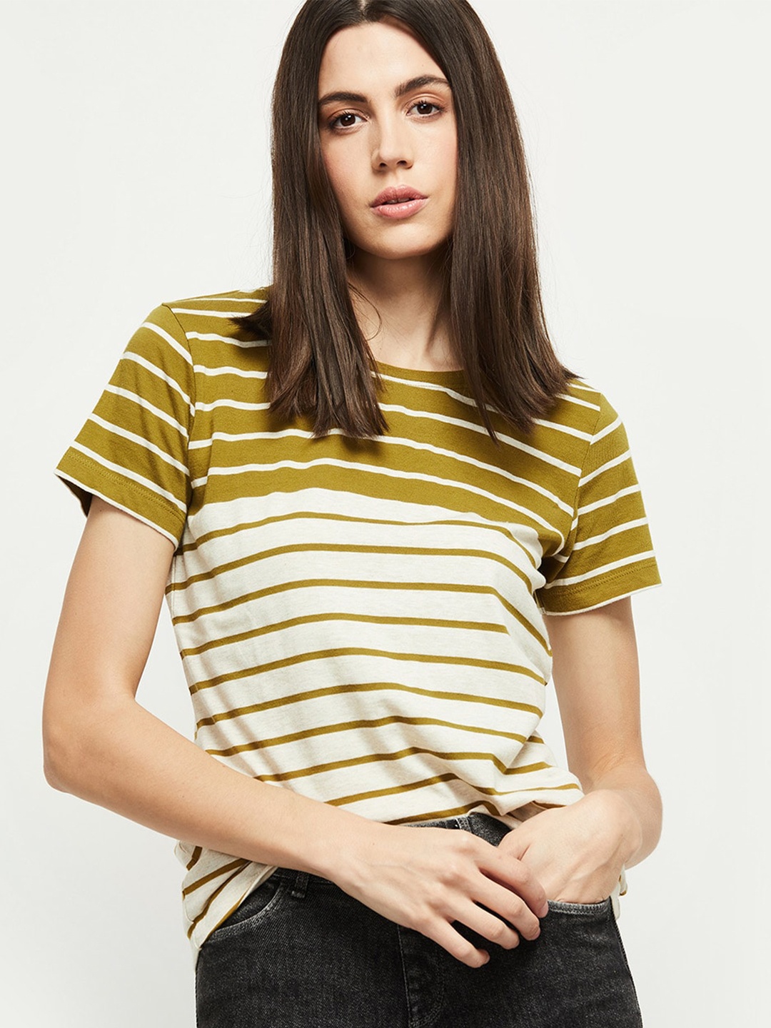 

max Women Beige & Green Striped T-shirt