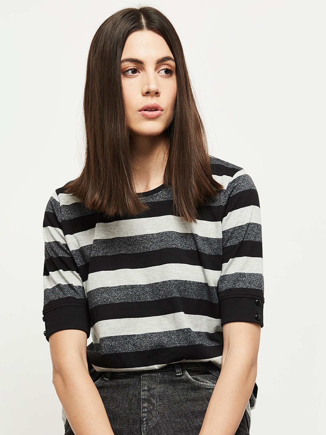 

max Women Charcoal Grey & Black Striped Cotton Blend T-shirt