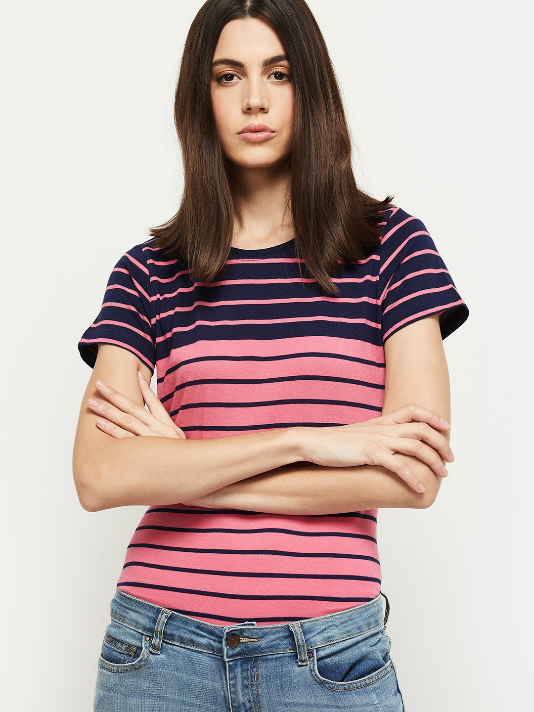 

max Women Pink & Violet Striped T-shirt