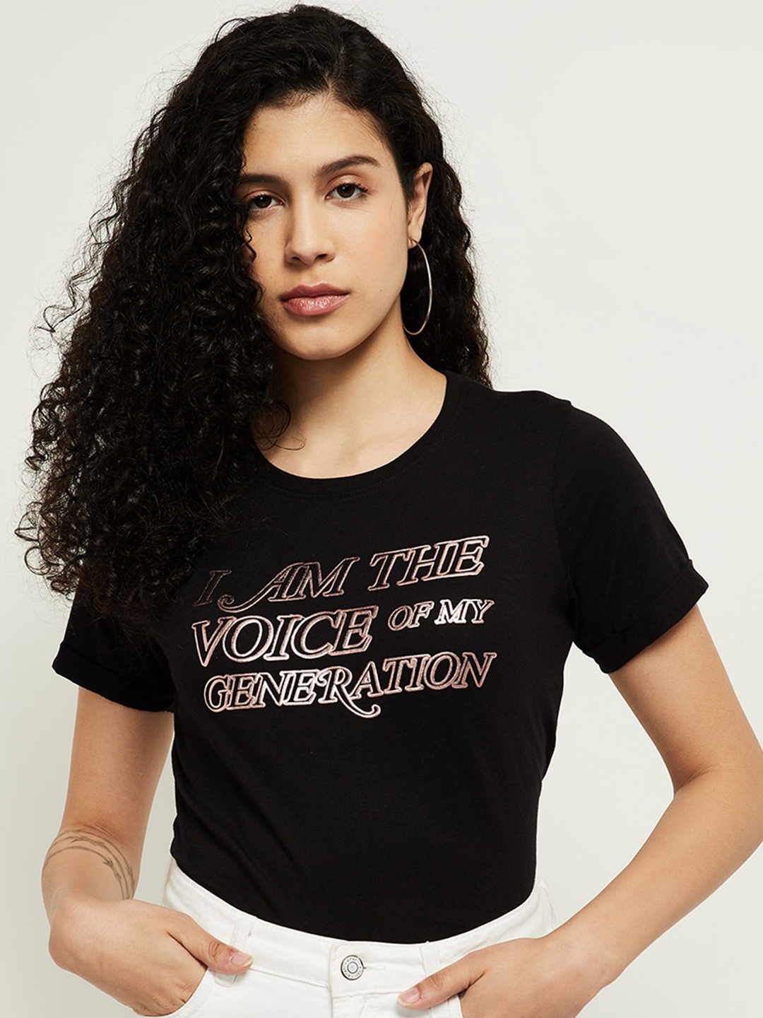 

max Women Black Typography Printed T-shirt