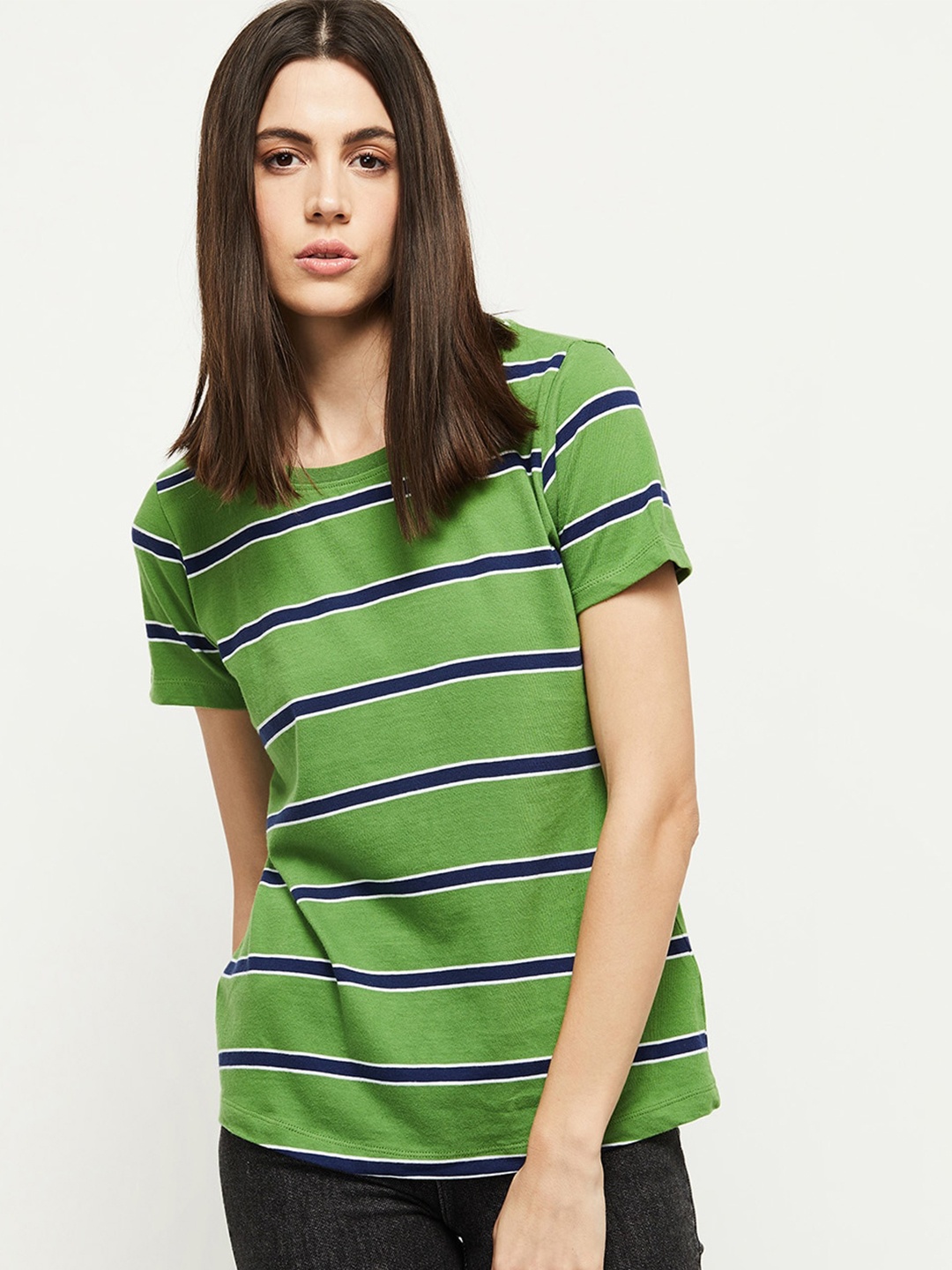 

max Women Green Striped T-shirt