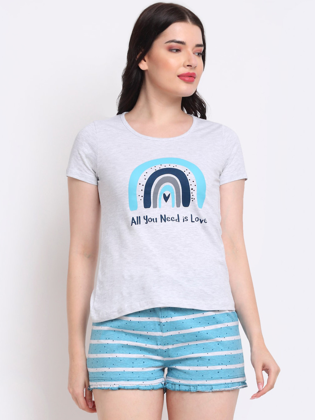 

Slumber Jill Women Blue & White Rainbow Love Pure Cotton Printed Night suit