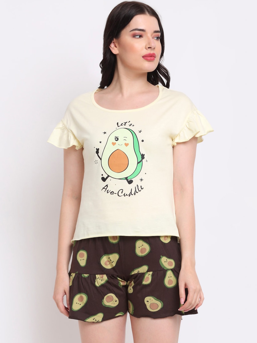 

Slumber Jill Women Yellow & Black Printed Pure Cotton Night suit