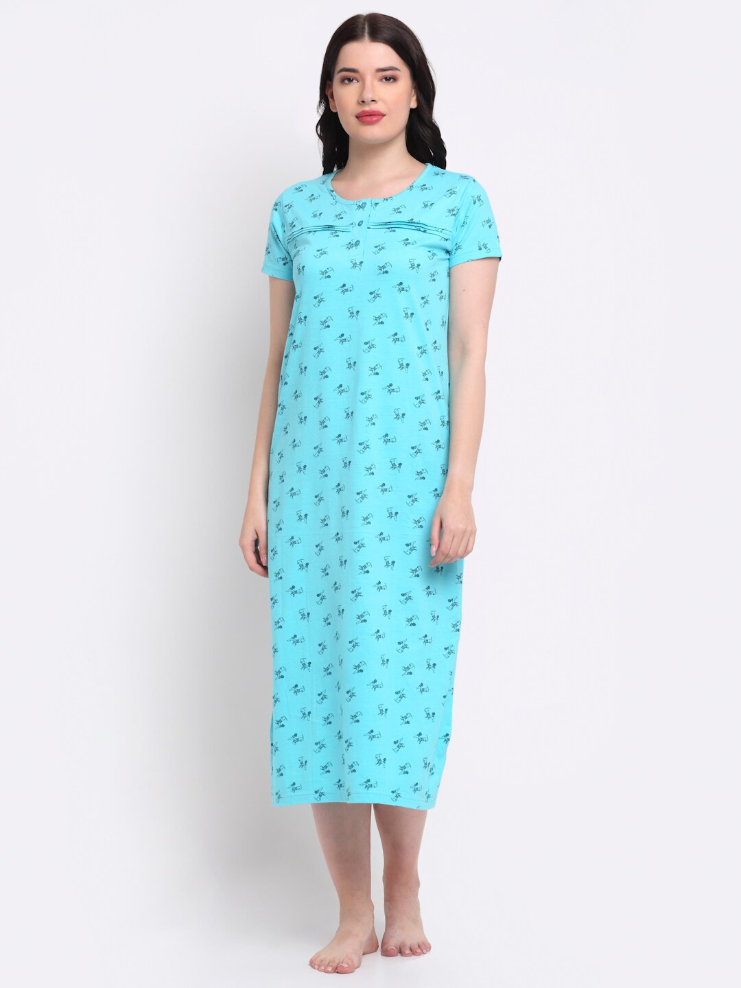

Slumber Jill Women Sea Green Printed Nightdress with Scrunchie