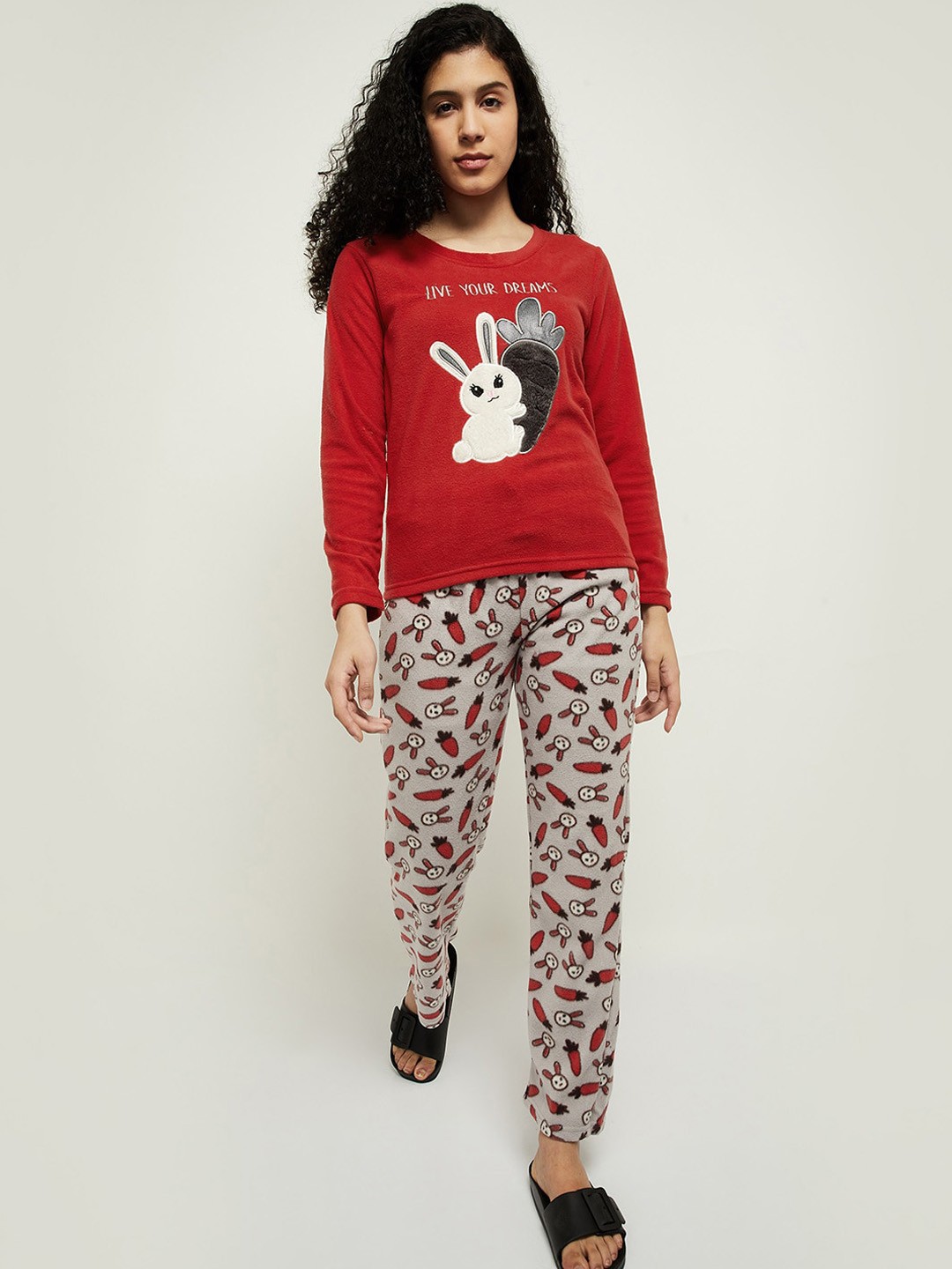 

max Women Red & Grey Printed Night suit