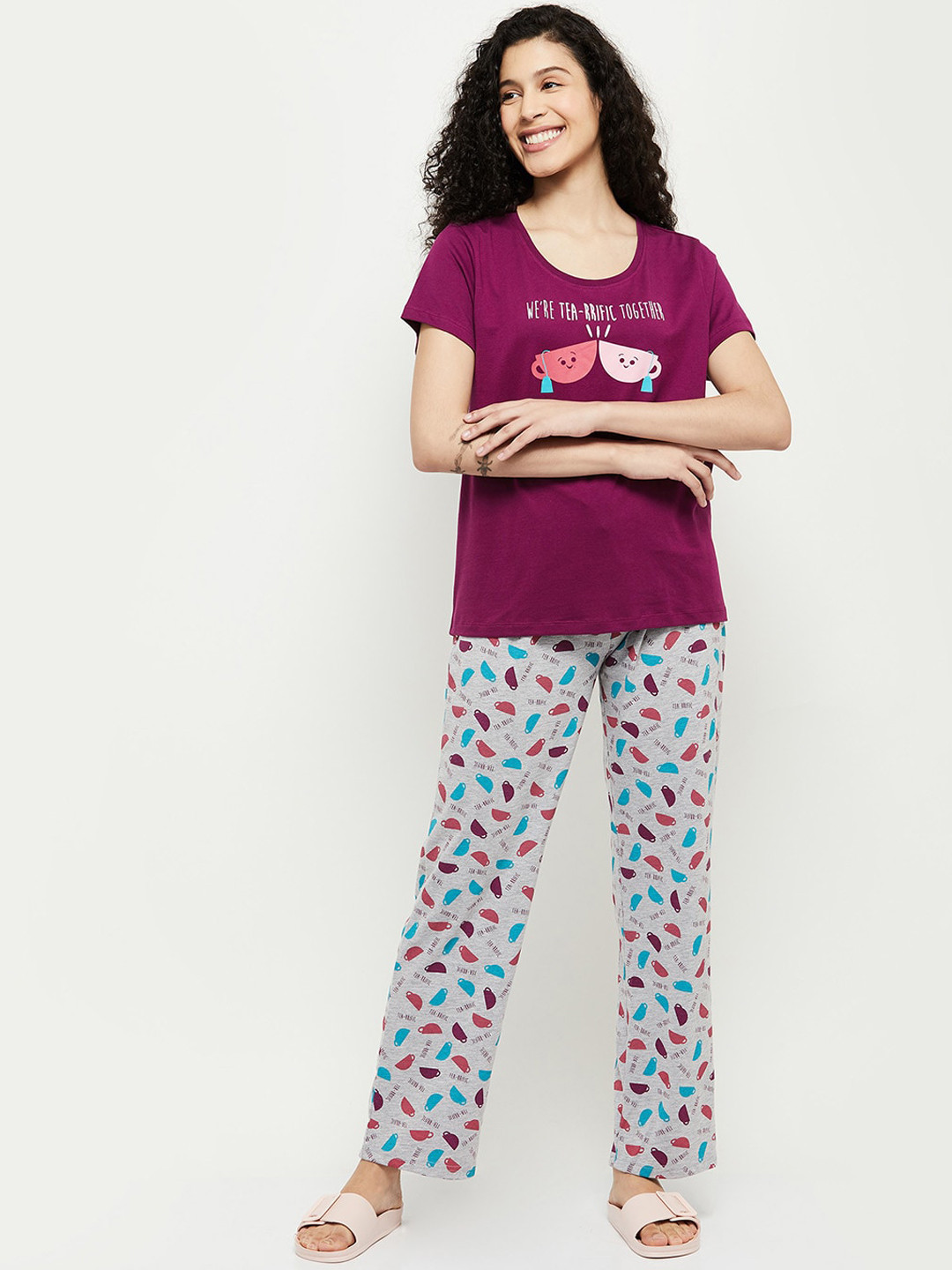 

max Women Red & Grey Printed Pure Cotton Night suit