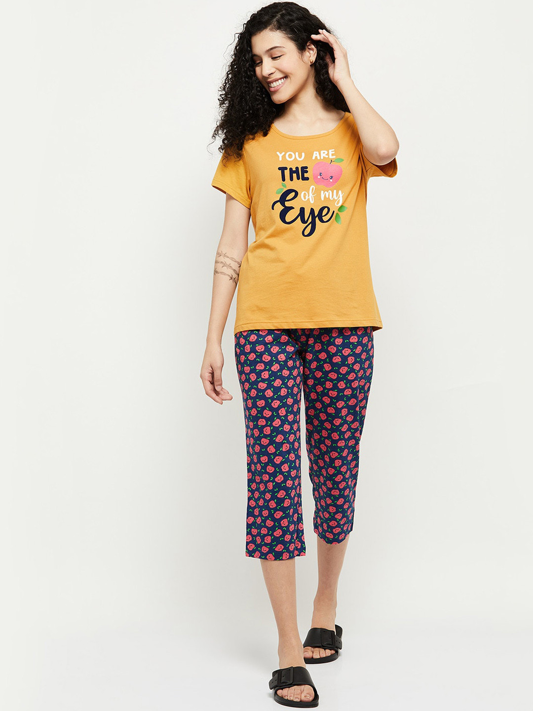 

max Women Mustard & Navy Blue Printed Pure Cotton Night suit