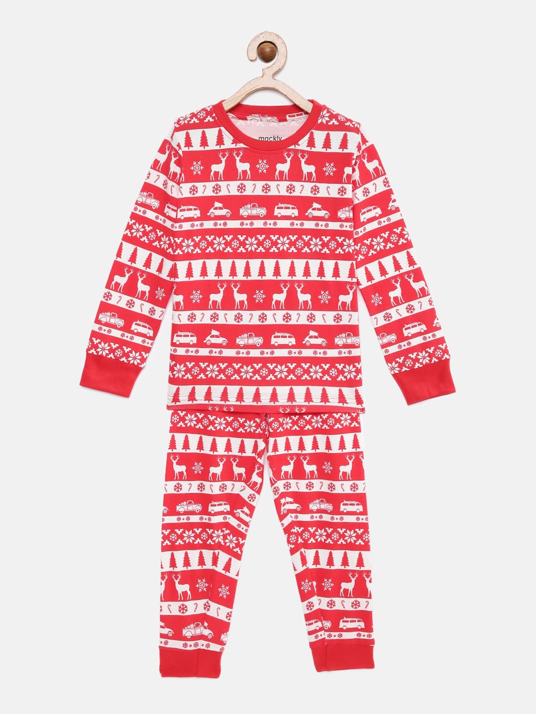 

mackly Unisex Kids Red & White Printed Night suit
