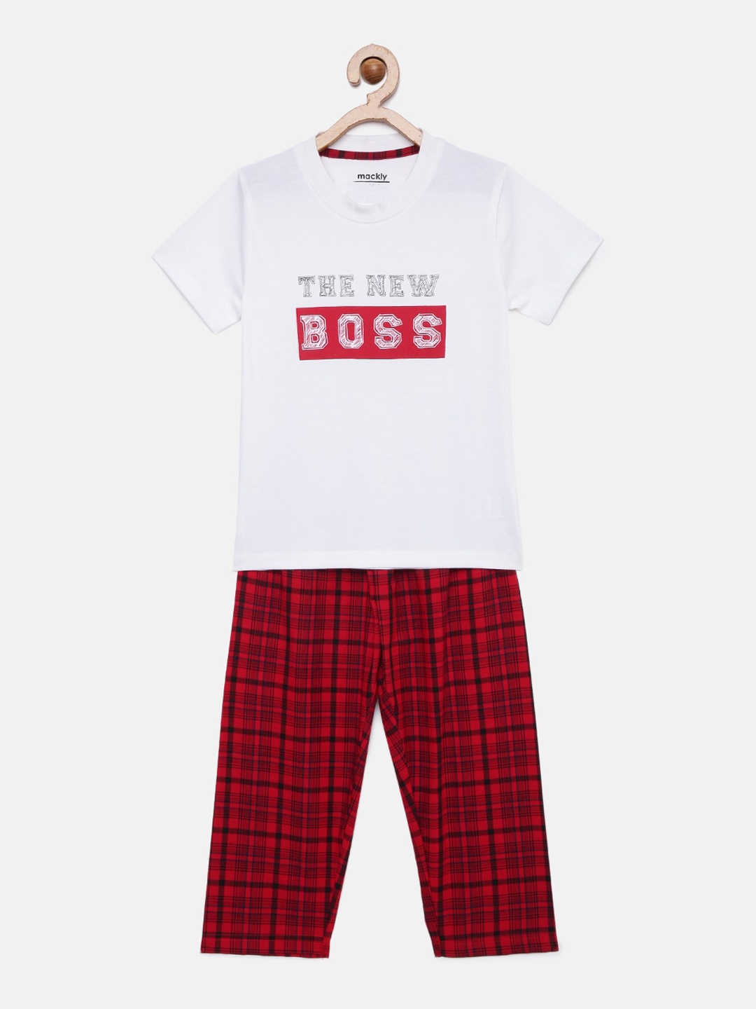 

mackly Kids White & Red Printed Night suit