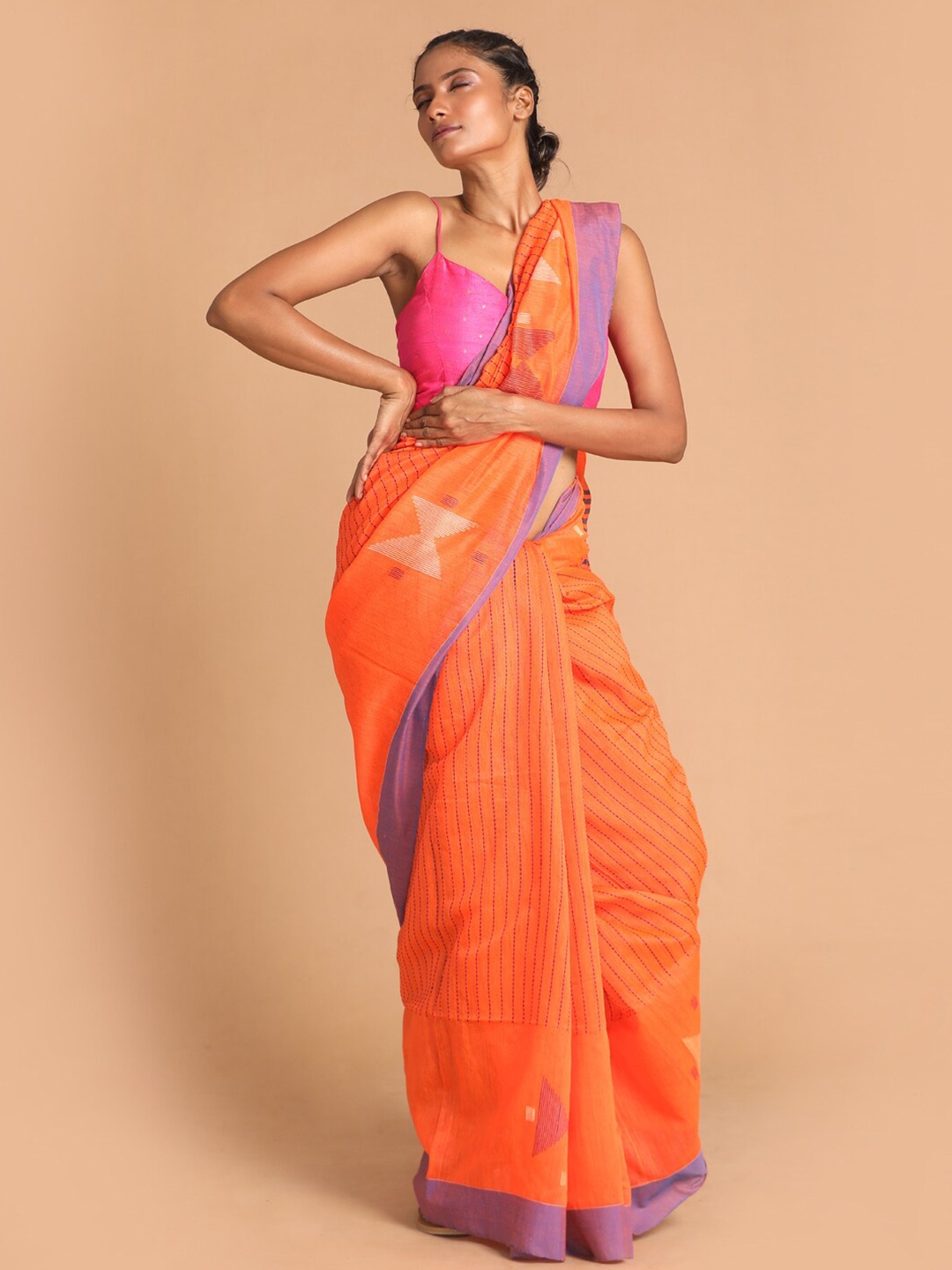 

Indethnic Orange & Purple Jamdani Saree