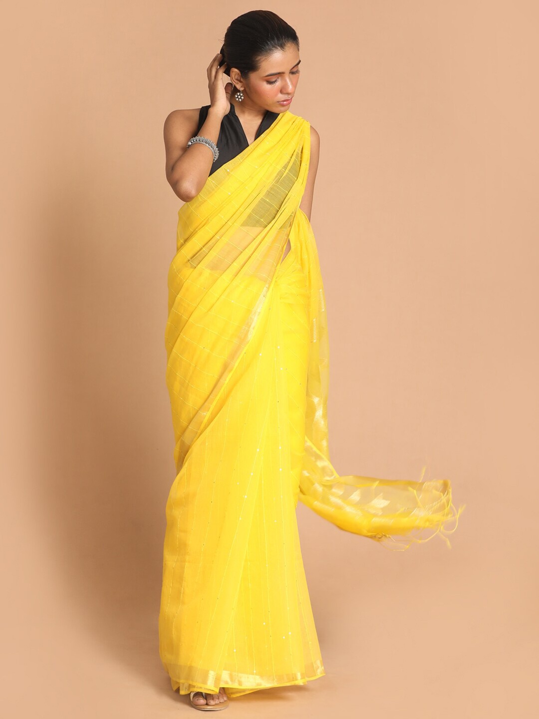 

Indethnic Yellow & Gold Embellished Sequinned Jamdani Saree