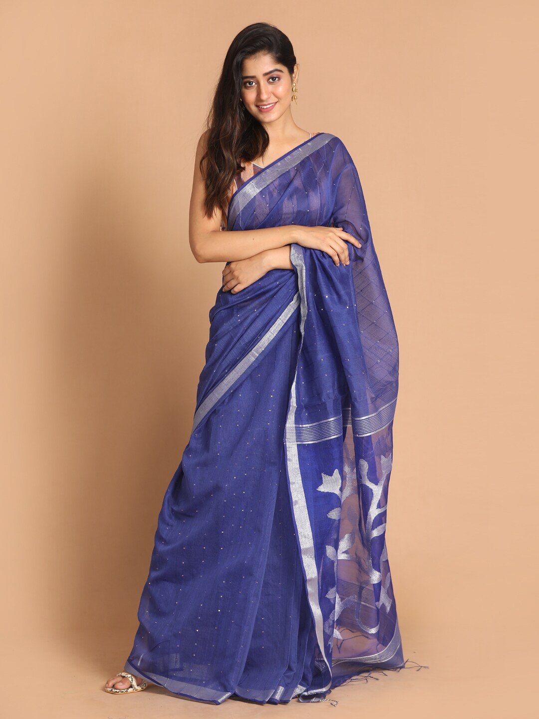

Indethnic Women Blue Woven Design Cotton Blend Jamdani Saree