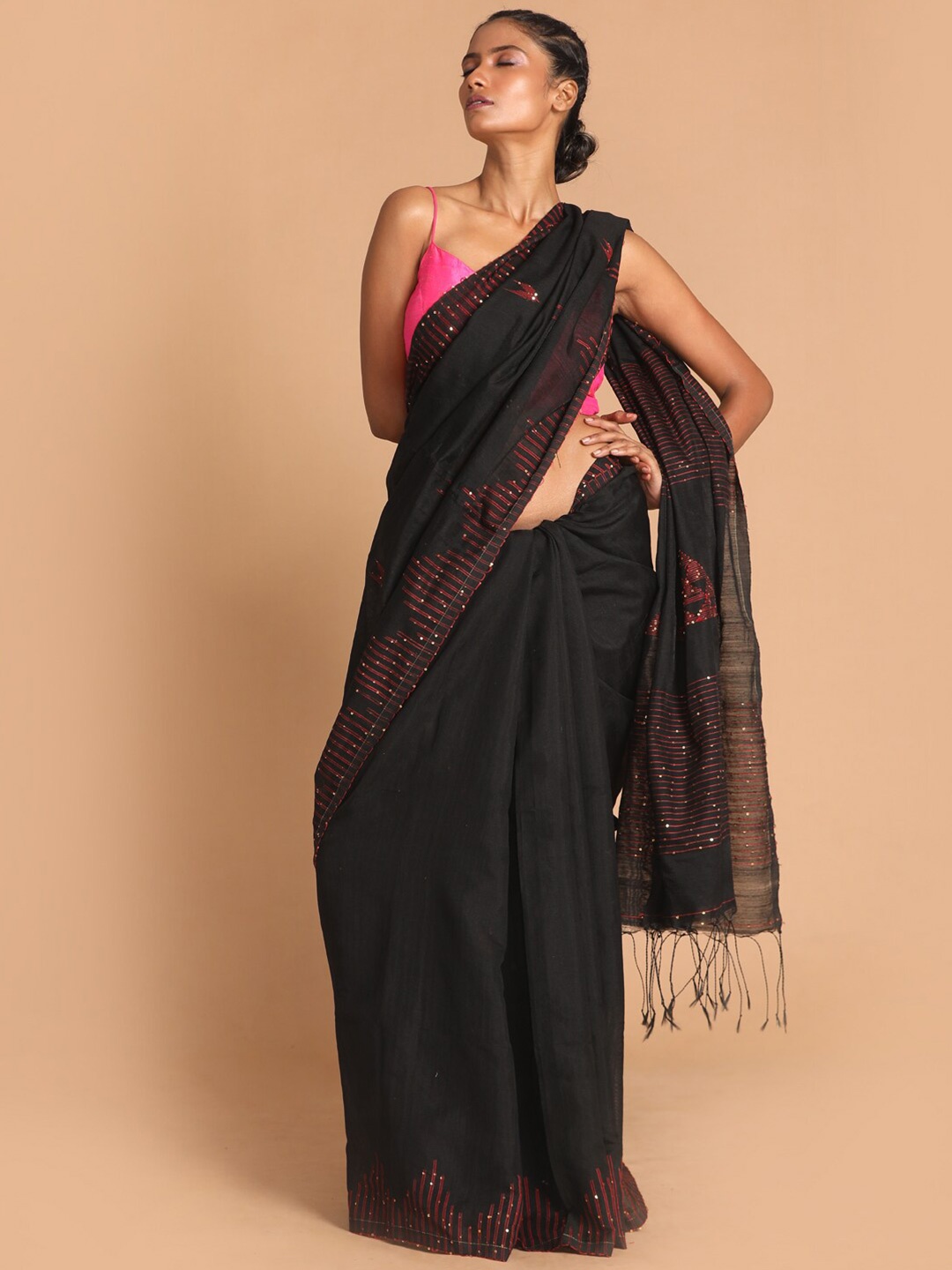 

Indethnic Black & Red Sequinned Jamdani Saree