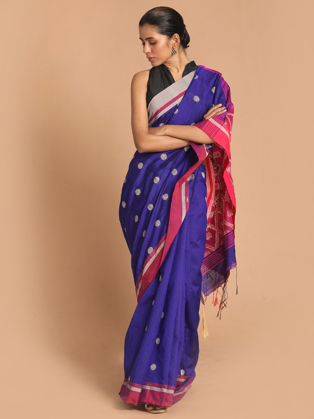 

Indethnic Blue & Pink Zari Jamdani Saree