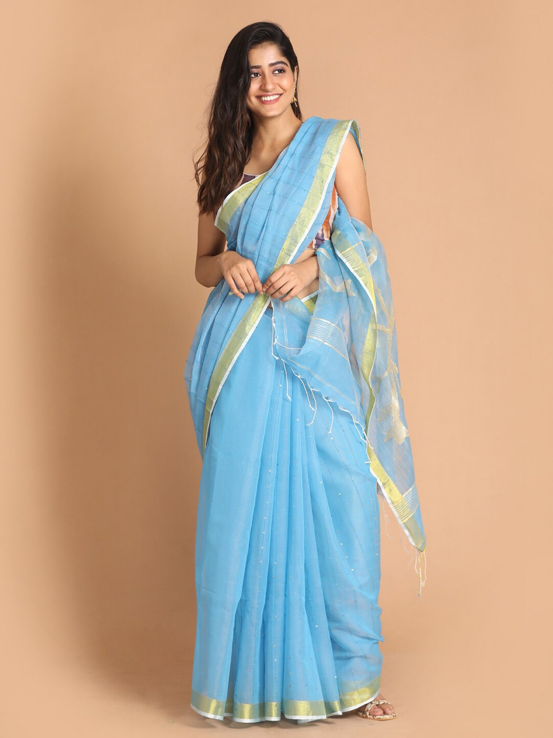 

Indethnic Turquoise Blue & Gold-Toned Embellished Sequinned Jamdani Saree