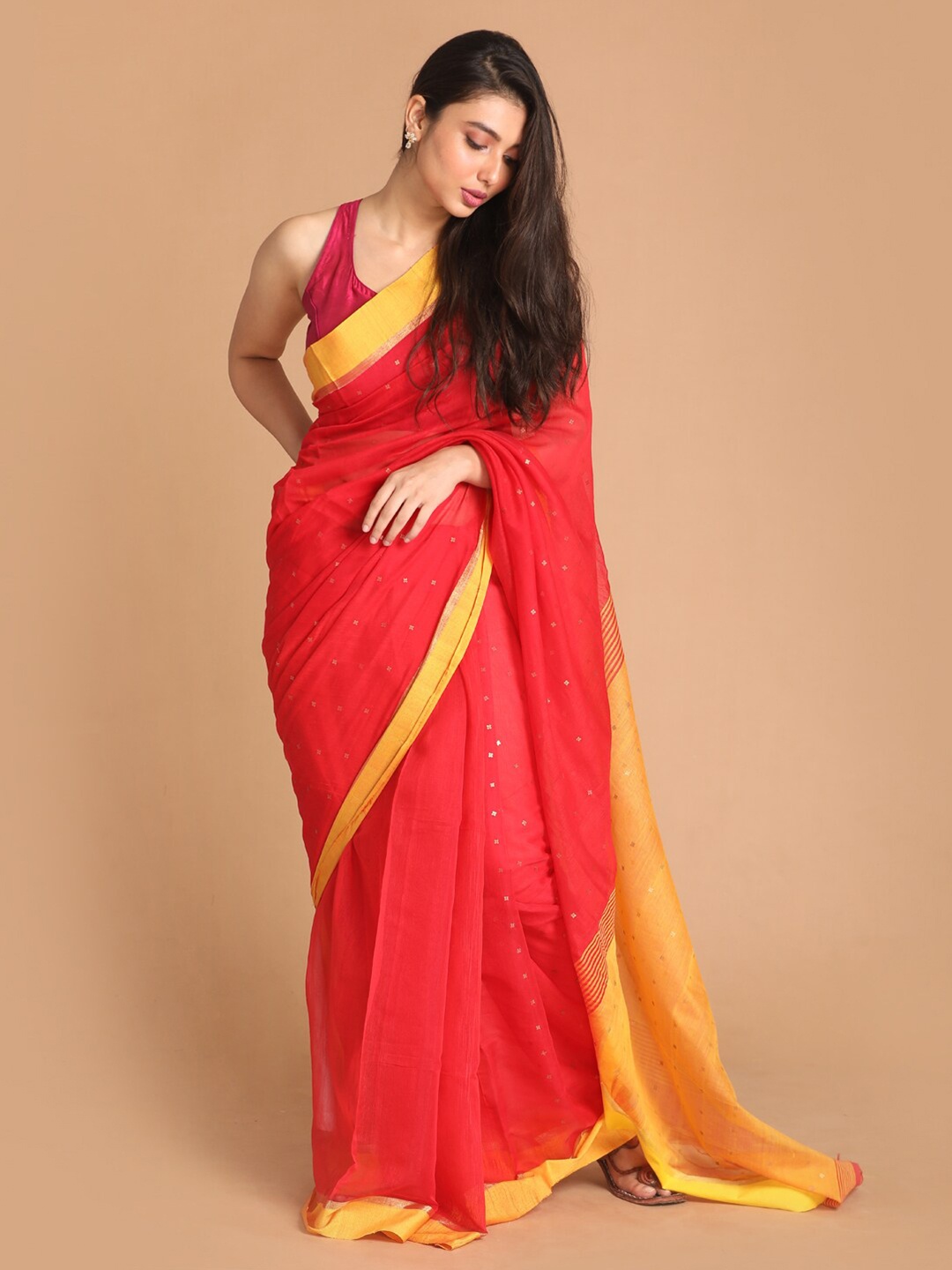 

Indethnic Red & Yellow Ethnic Motifs Jamdani Saree