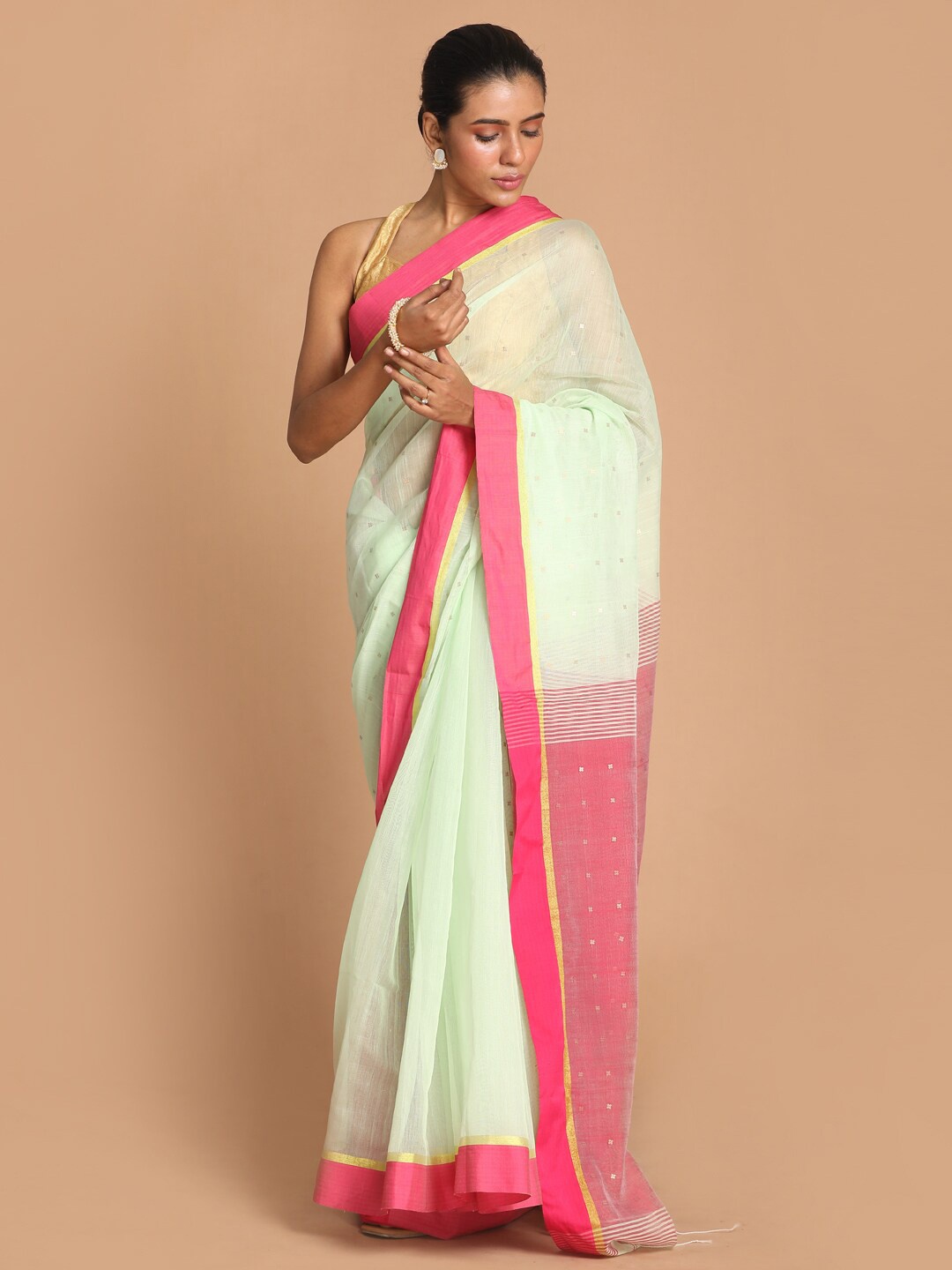 

Indethnic Green & Pink Jamdani Saree
