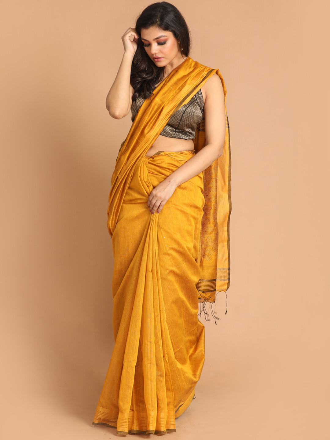 

Indethnic Yellow Striped Jamdani Saree