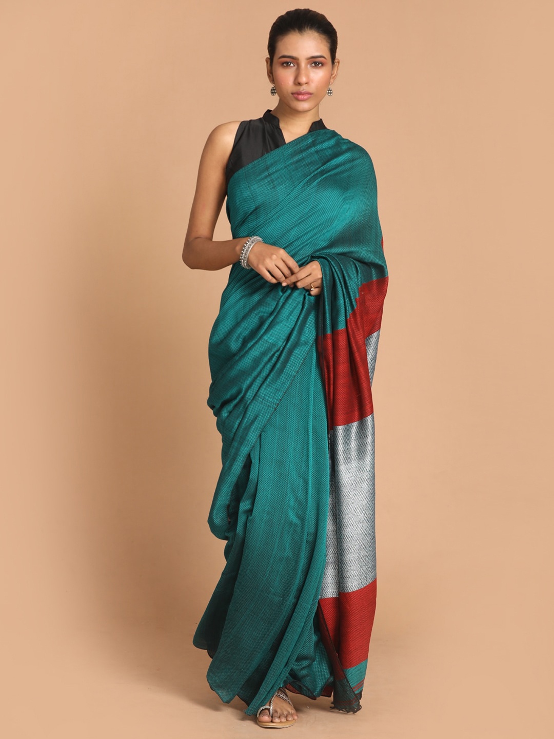 

Indethnic Women Green Woven Design Saree