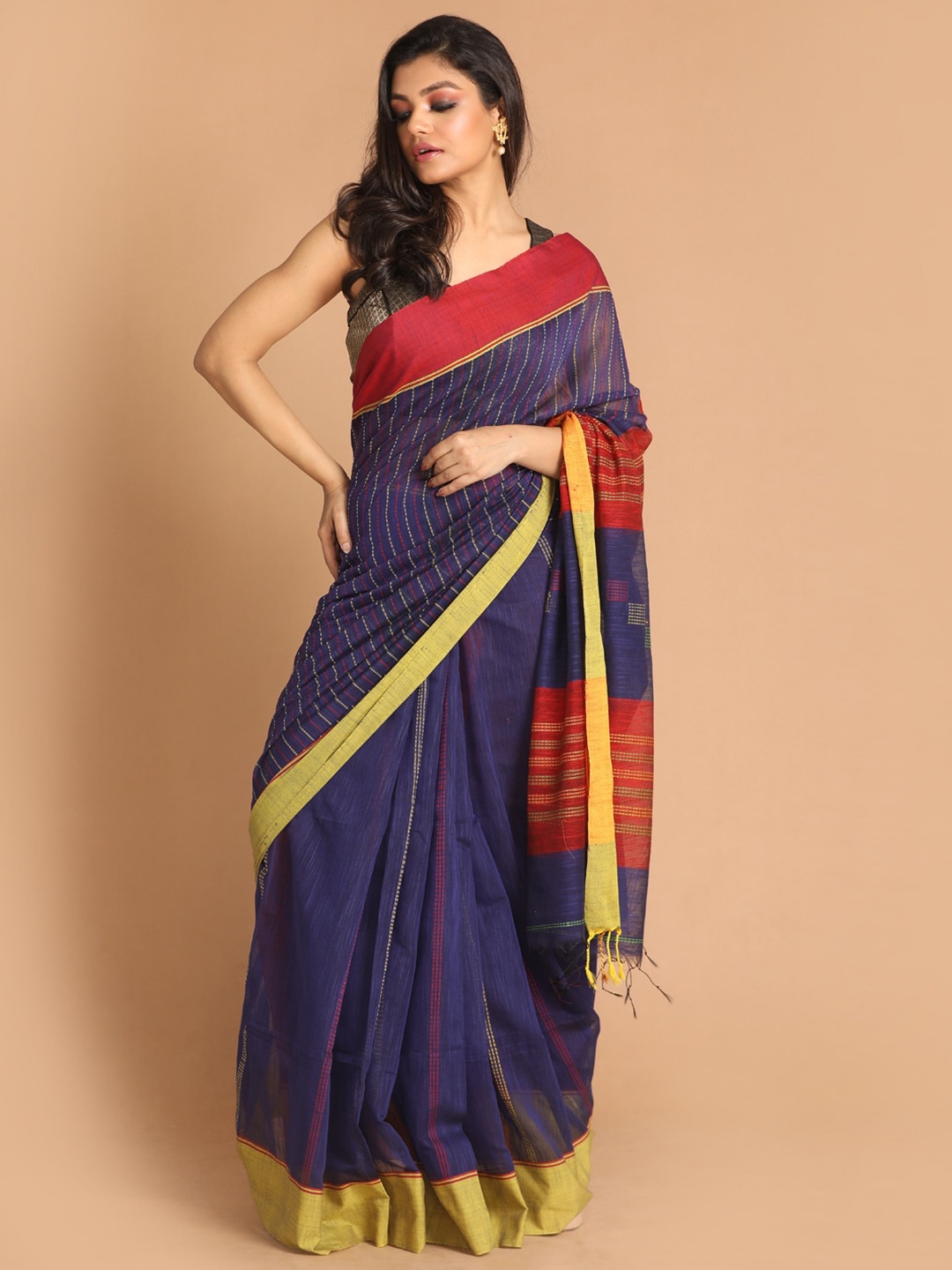 

Indethnic Blue & Red Striped Jamdani Saree
