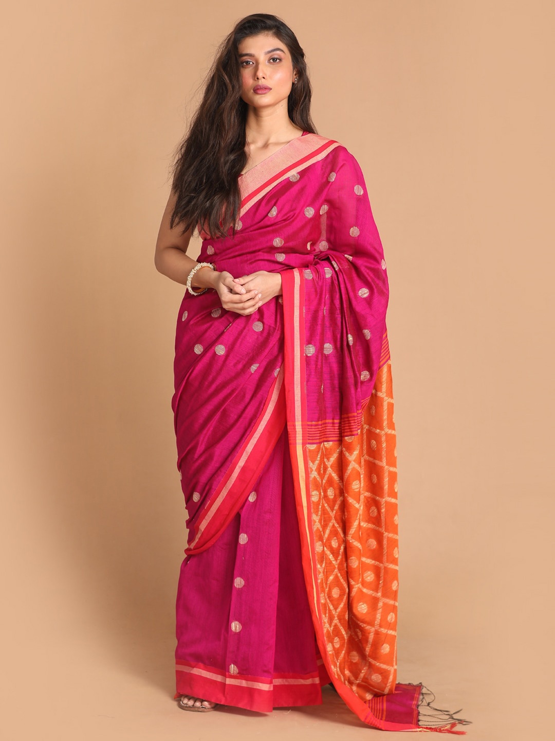 

Indethnic Pink & Orange Ethnic Motifs Zari Jamdani Saree