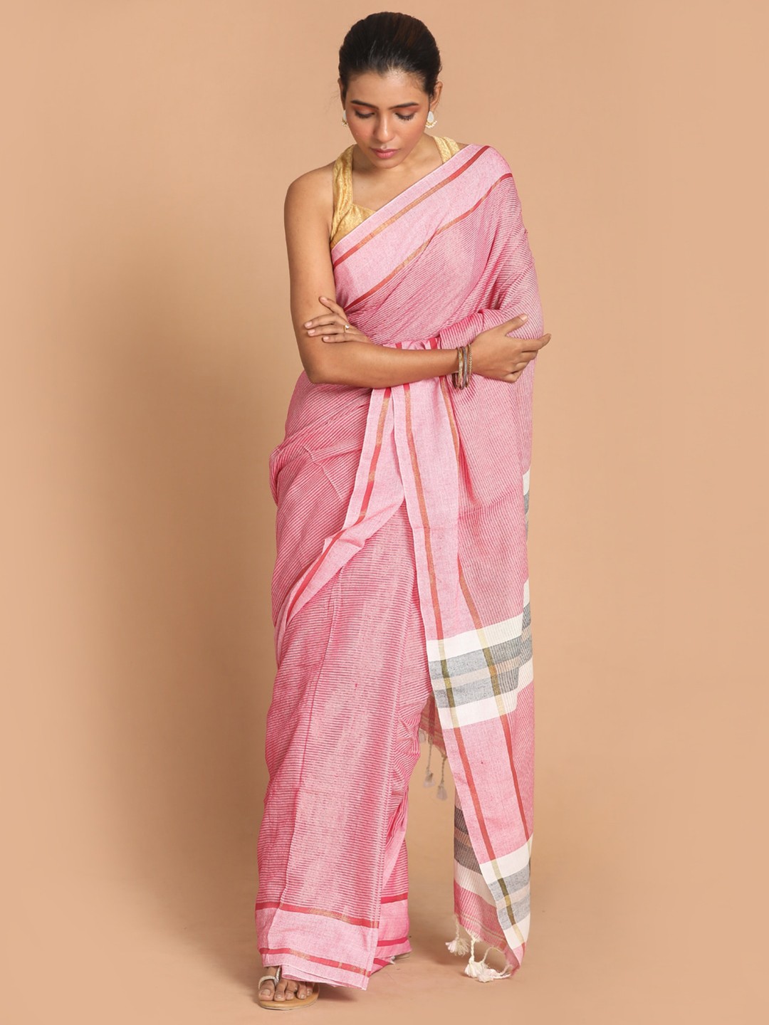 

Indethnic Pink & White Striped Pure Cotton Jamdani Saree