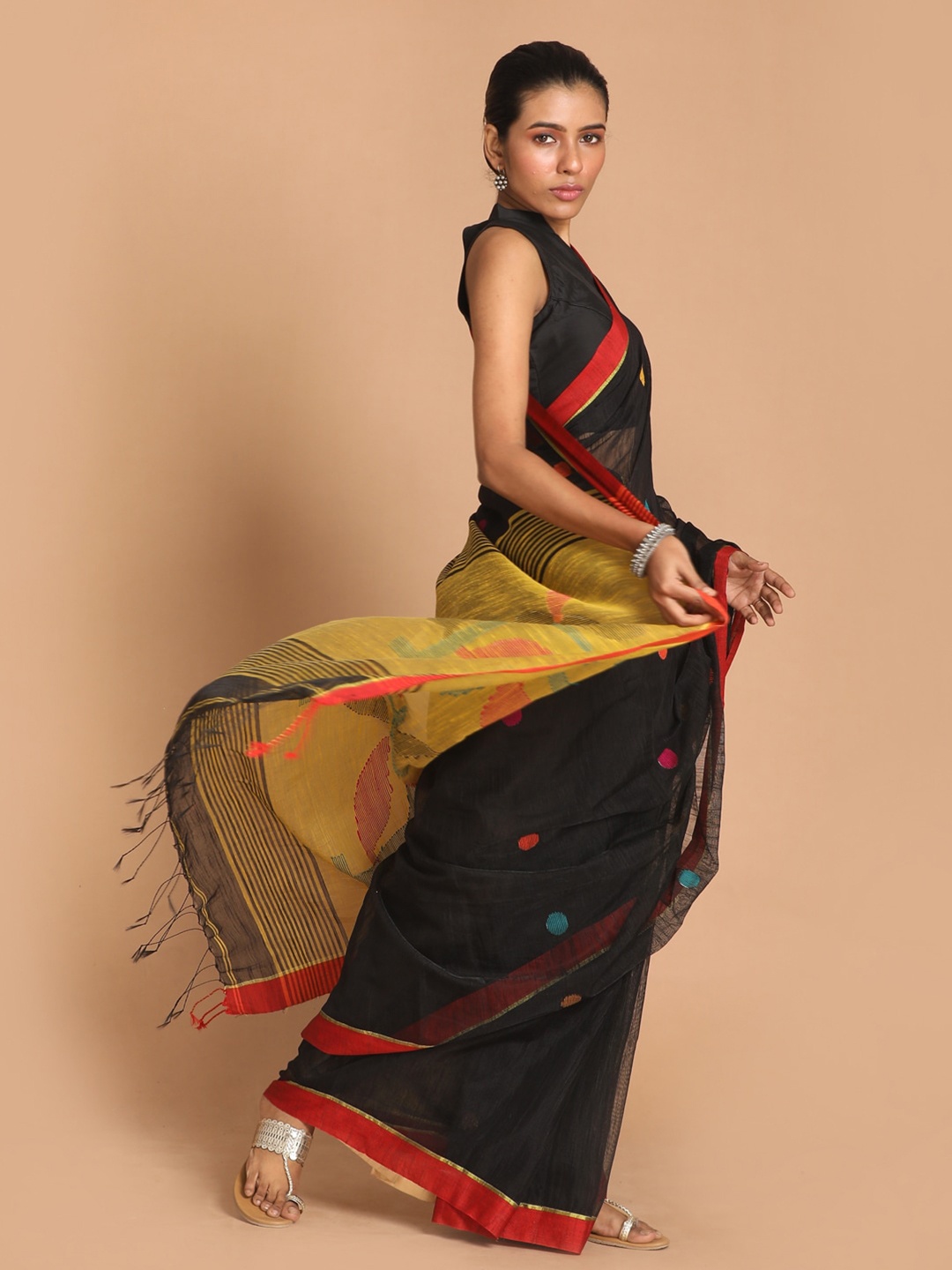 

Indethnic Black & Yellow Ethnic Motifs Jamdani Saree
