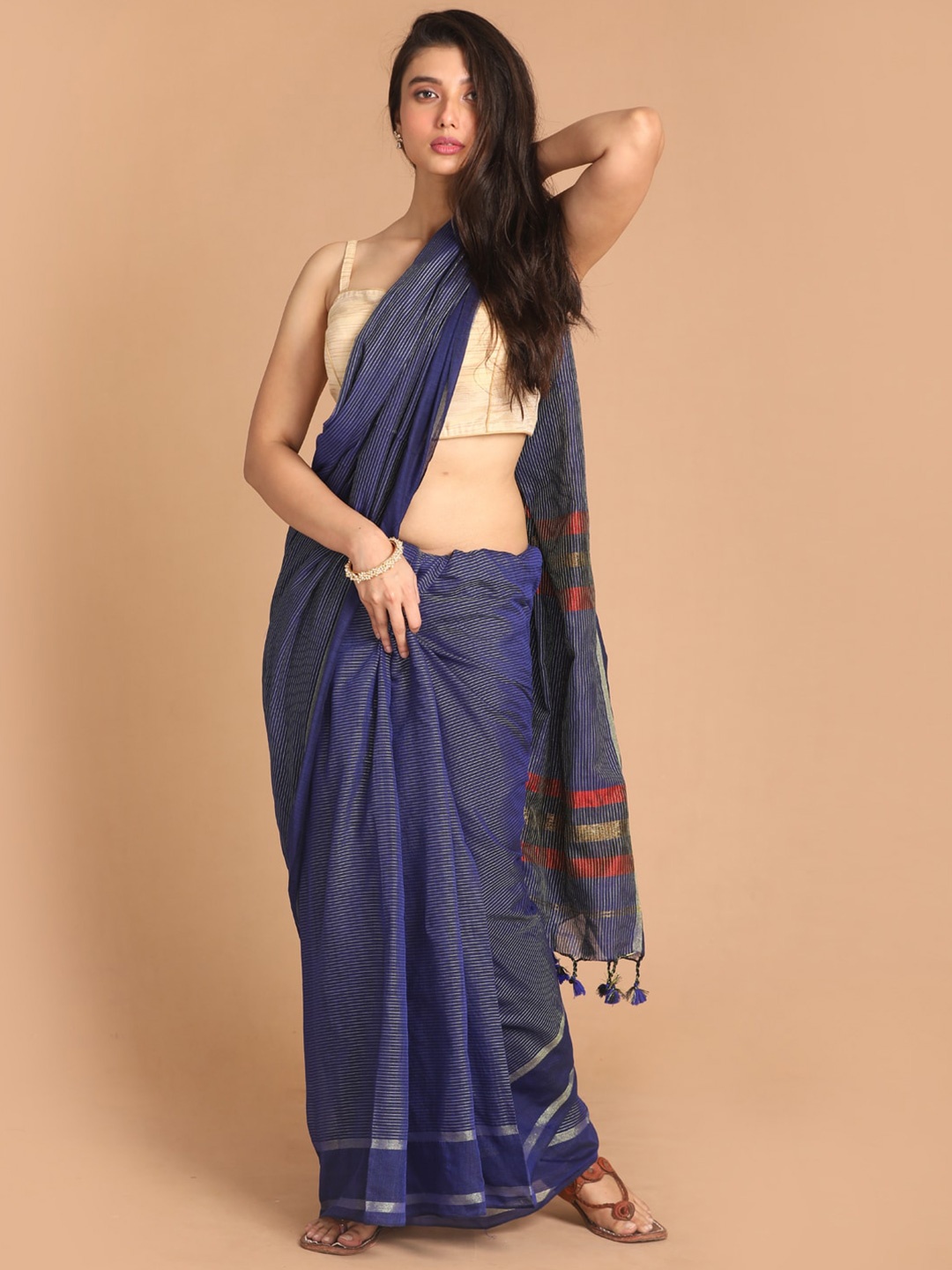 

Indethnic Blue & Red Striped Pure Cotton Jamdani Saree