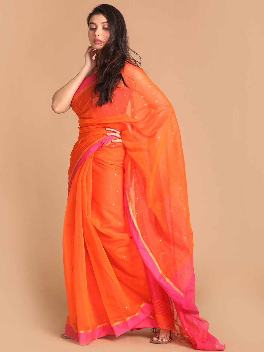 

Indethnic Women Orange Woven Design Cotton Blend Jamdani Saree