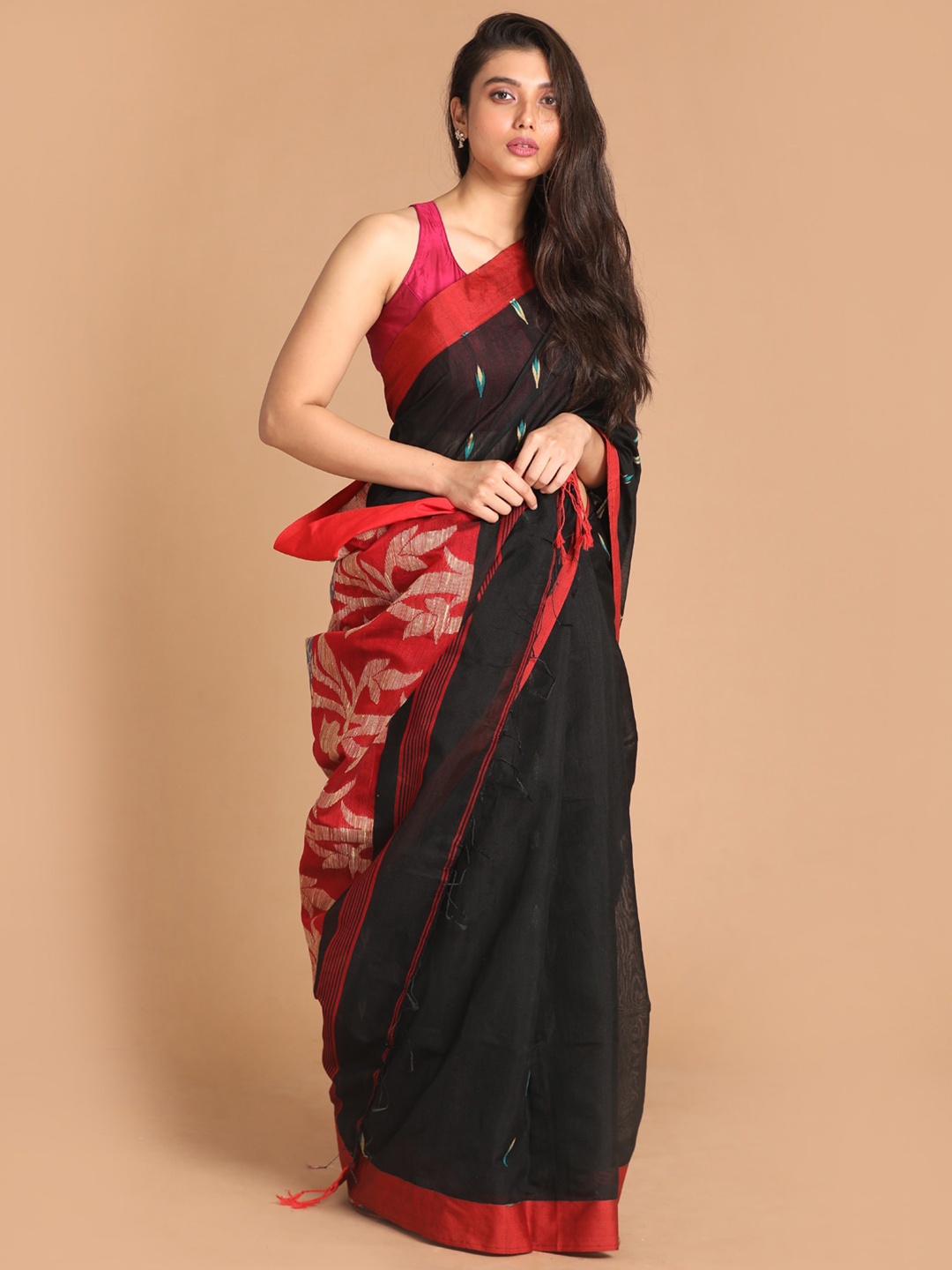 

Indethnic Women Black Woven Design Saree
