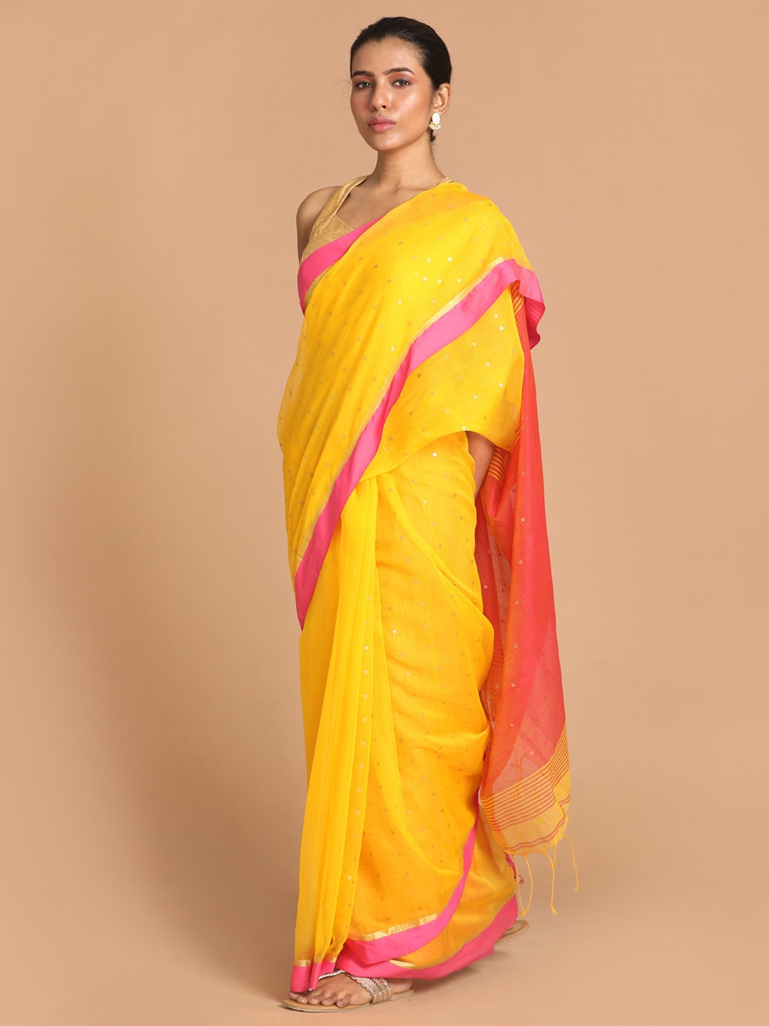 

Indethnic Yellow & Pink Ethnic Motifs Jamdani Saree