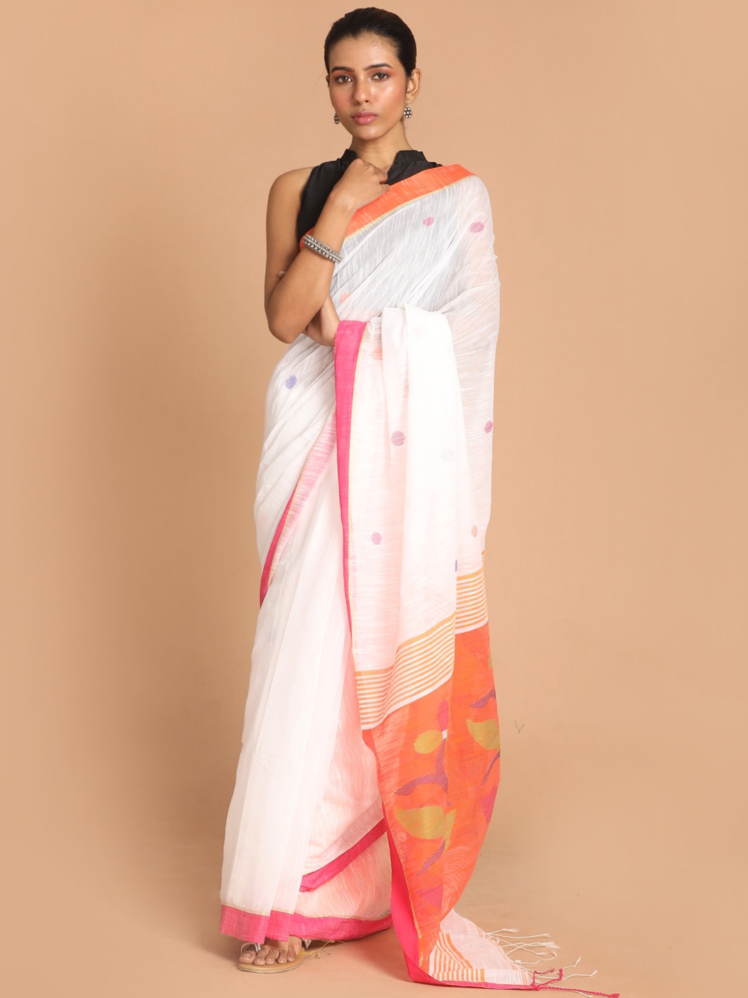 

Indethnic Women White & Orange Woven Design Cotton Blend Jamdani Saree