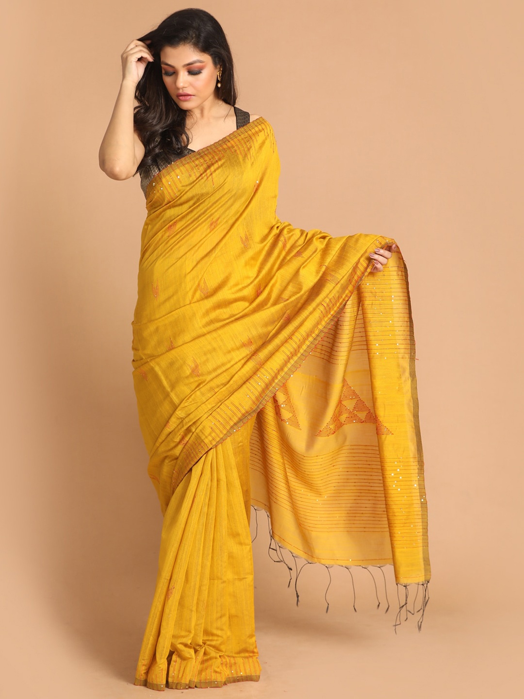 

Indethnic Yellow Ethnic Motifs Jamdani Saree