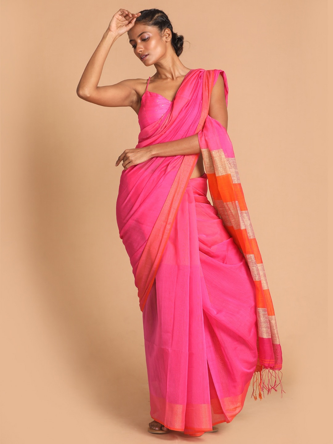 

Indethnic Pink & Orange Jamdani Saree