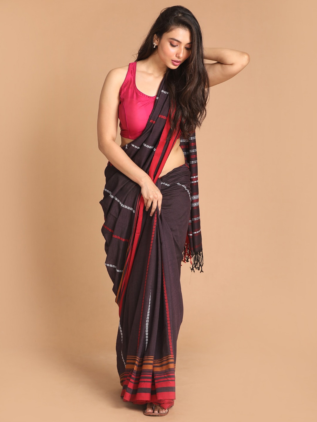

Indethnic Brown & Grey Striped Pure Cotton Jamdani Saree