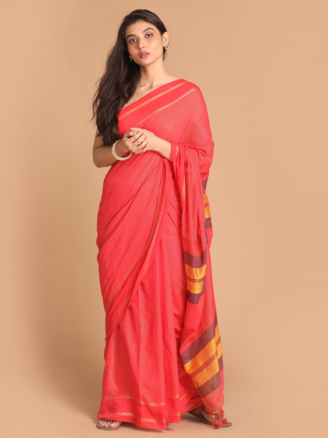 

Indethnic Red & Gold-Toned Striped Zari Pure Cotton Jamdani Saree