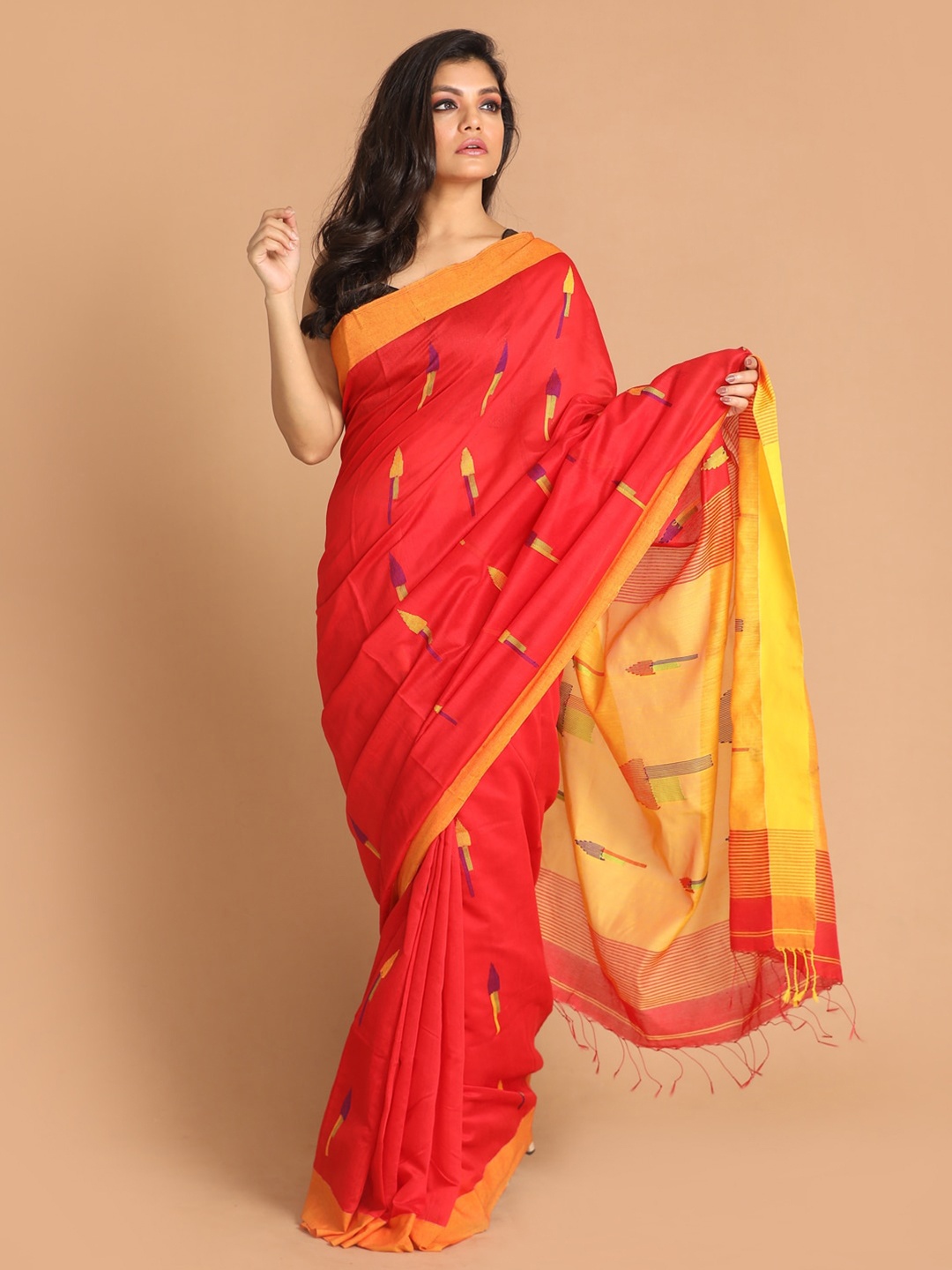 

Indethnic Red & Yellow Jamdani Saree