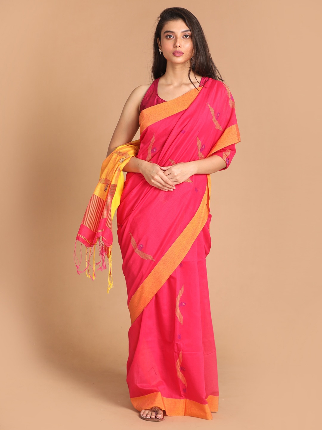 Indethnic Coral & Magenta Woven Design Jamdani Saree
