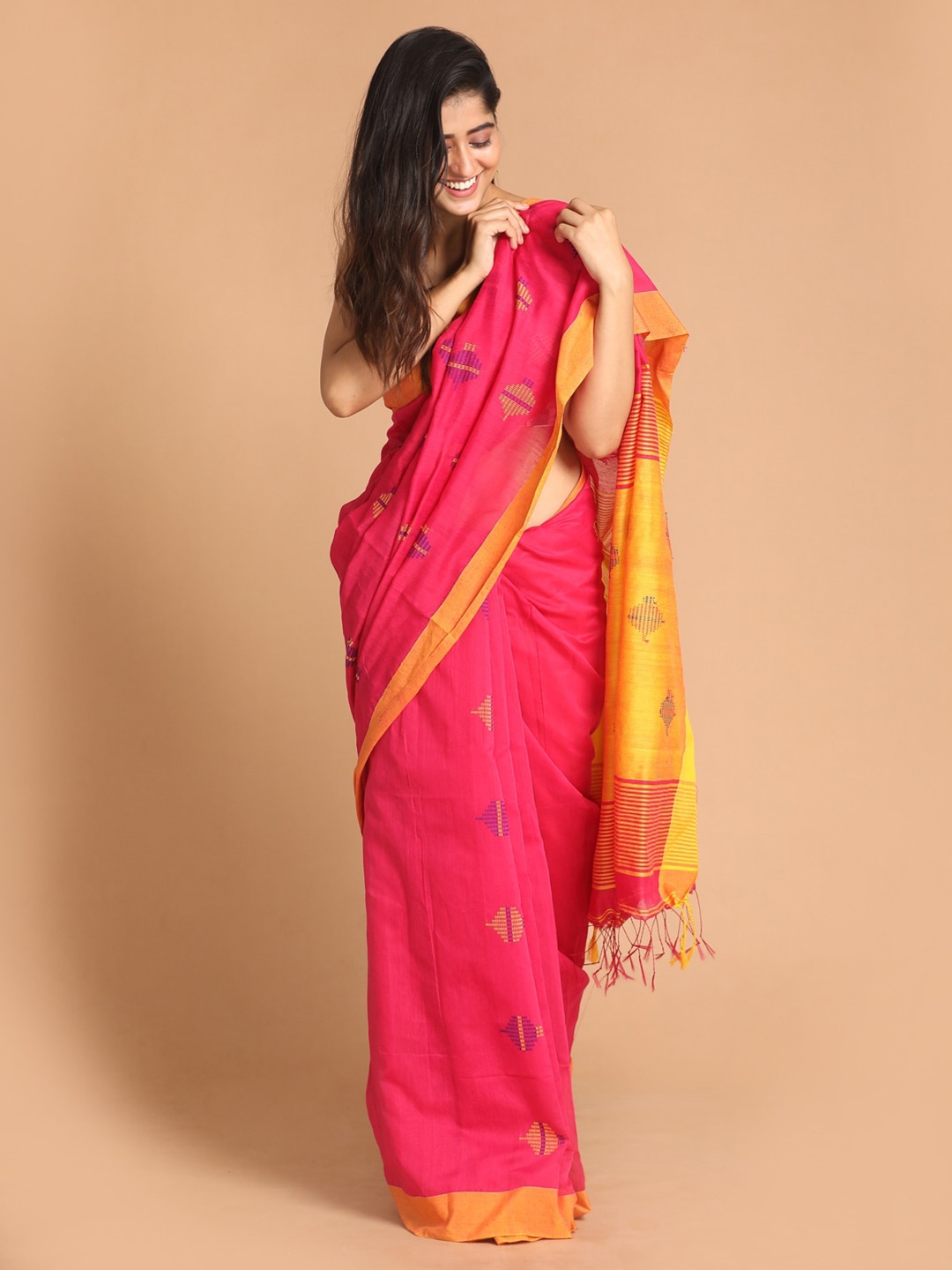 

Indethnic Pink & Gold-Toned Woven Design Jamdani Saree