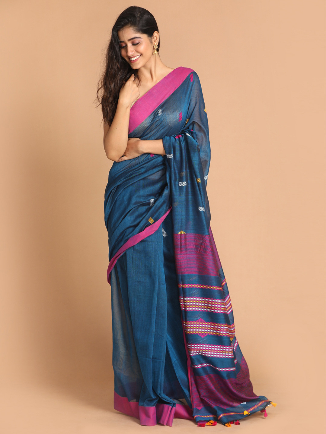 

Indethnic Blue Woven Design Pure Cotton Jamdani Saree