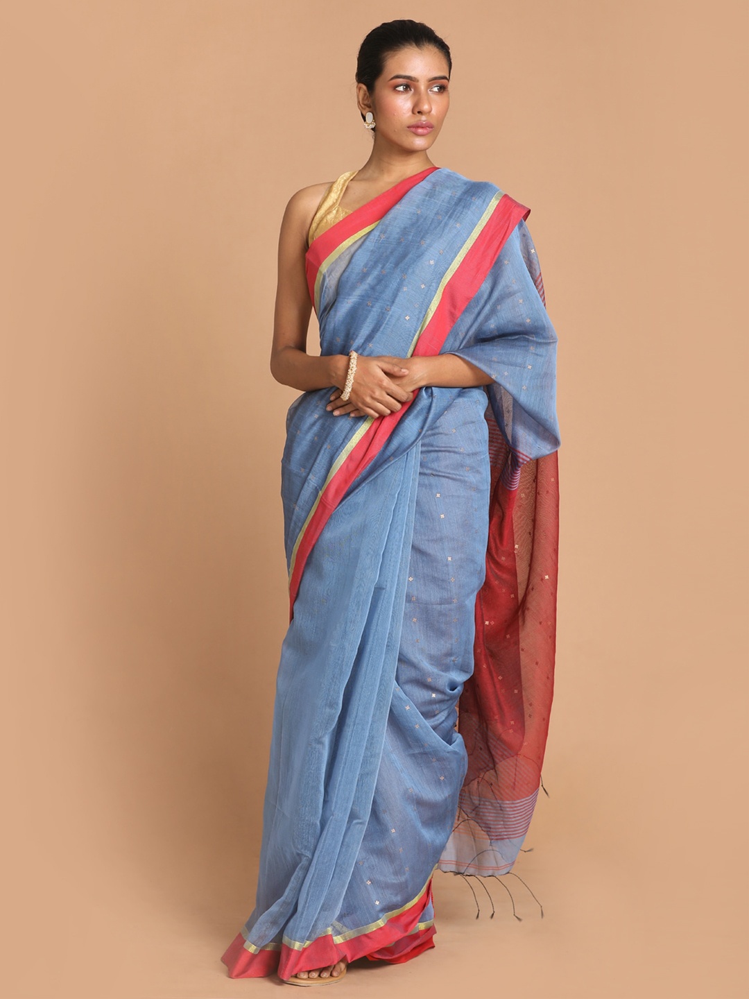 

Indethnic Turquoise Blue & Red Jamdani Saree