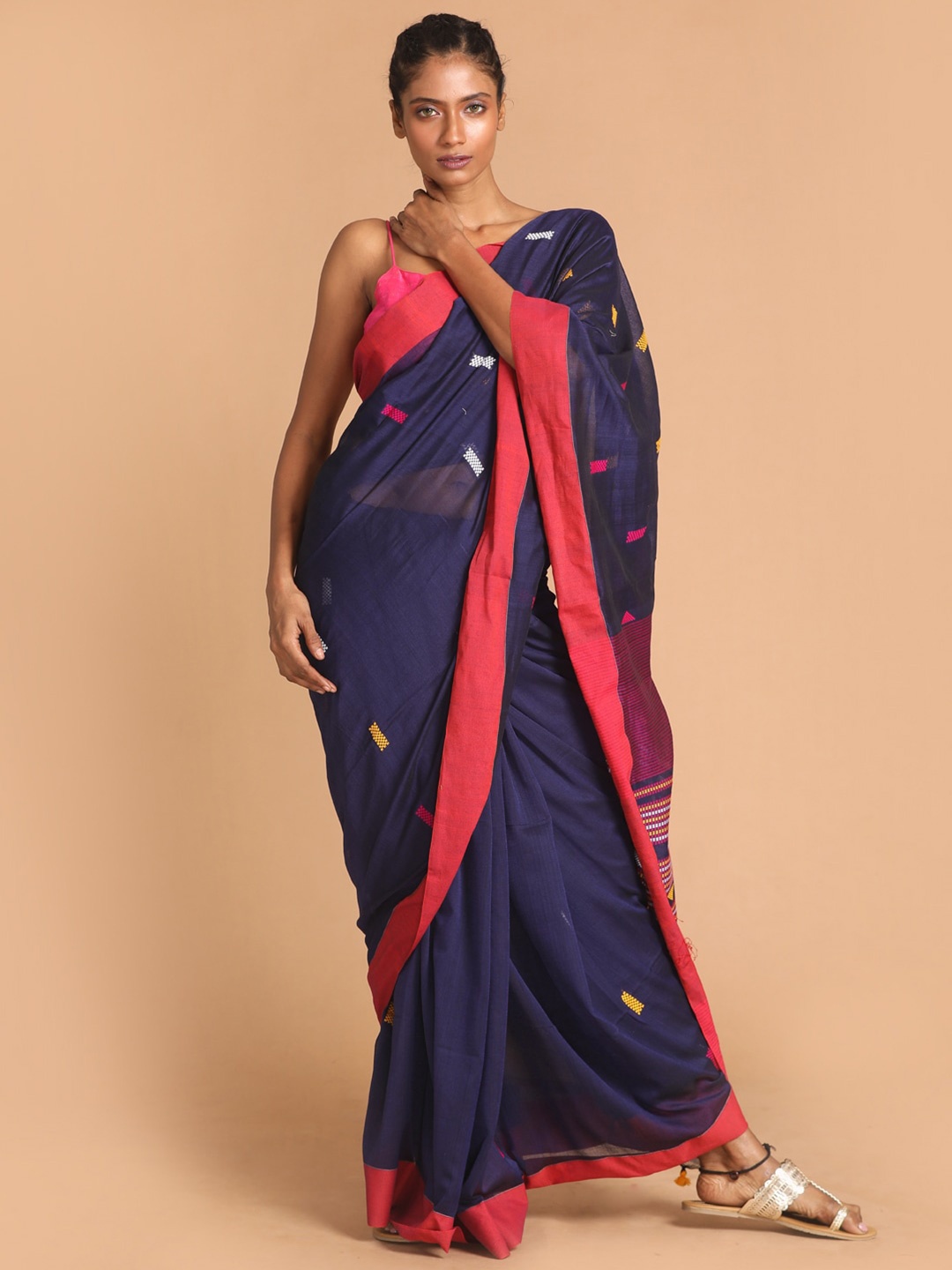 

Indethnic Navy Blue & Red Ethnic Motifs Pure Cotton Jamdani Saree